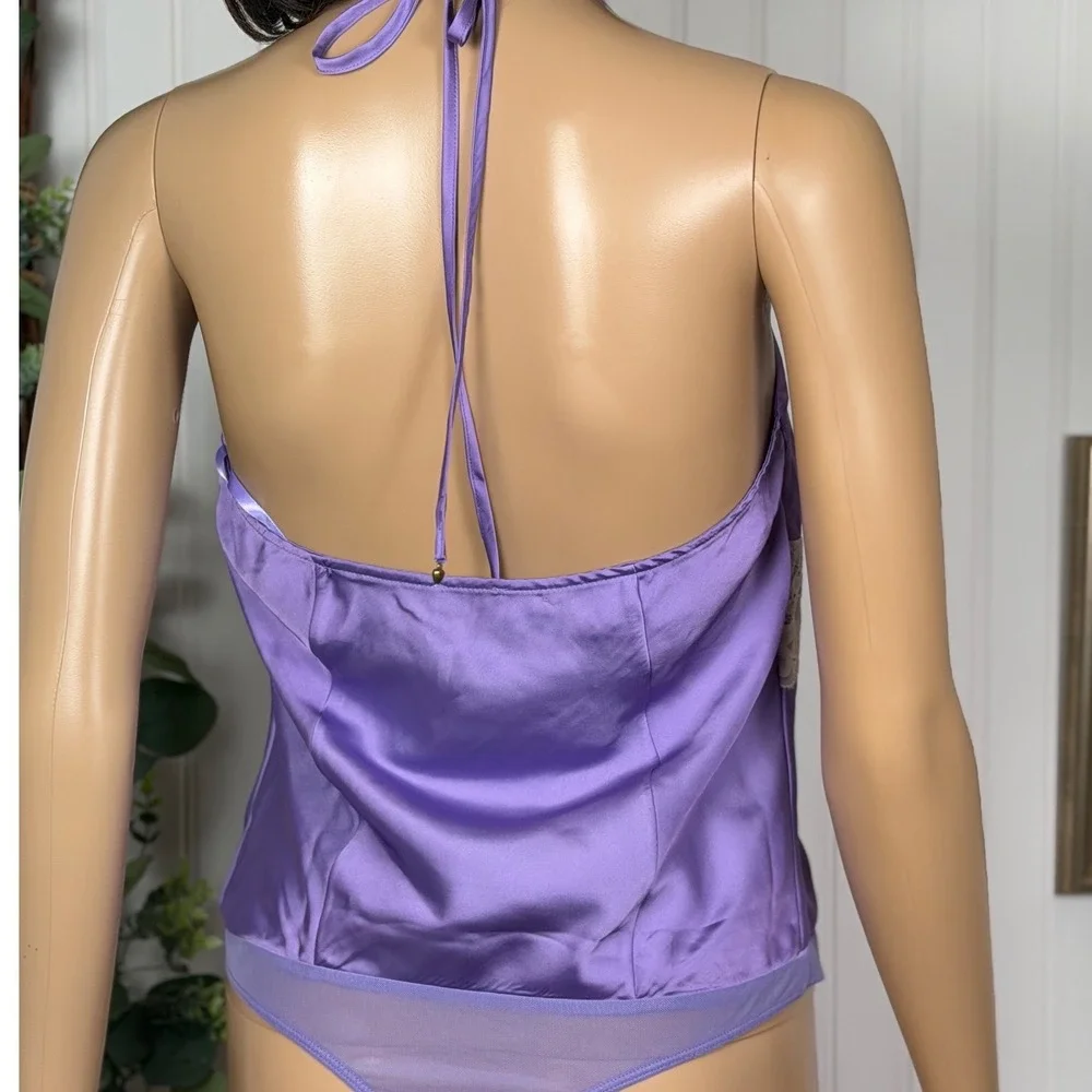 Intimately Free People Bodysuit Womens S Purple Excellent Halter Lace Satin